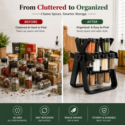 18 Jar Rotating Spice Rack Organizer | 360° Revolving Masala Stand with Glass Spice Jars for Kitchen Counter & Cabinet