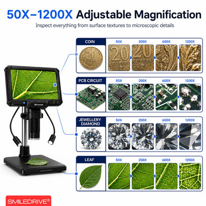 Digital Microscope with 7 inch Screen | 16MP Camera | 50X–1200X Magnification | 1080P Recording | 8+2 LED Lights | Coin, PCB & Jewellery Inspection Microscope