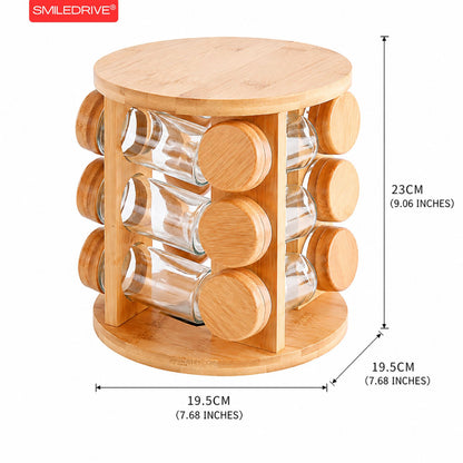 Rotating Spice Rack Wooden Spice Organizer | 5, 12 or 16 Glass Jar with Revolving Stand