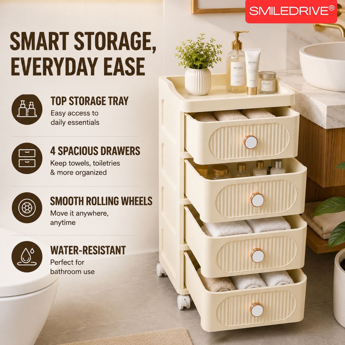 Plastic Storage Drawers | 4 Drawer Organzier Storage Cabinet with Wheels for Bedroom Bathroom Office | Available in White & Cream