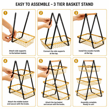 Golden Tiered Fruit Basket | 2 & 3 Tier Metal Mesh Countertop Organizer & Storage Stand