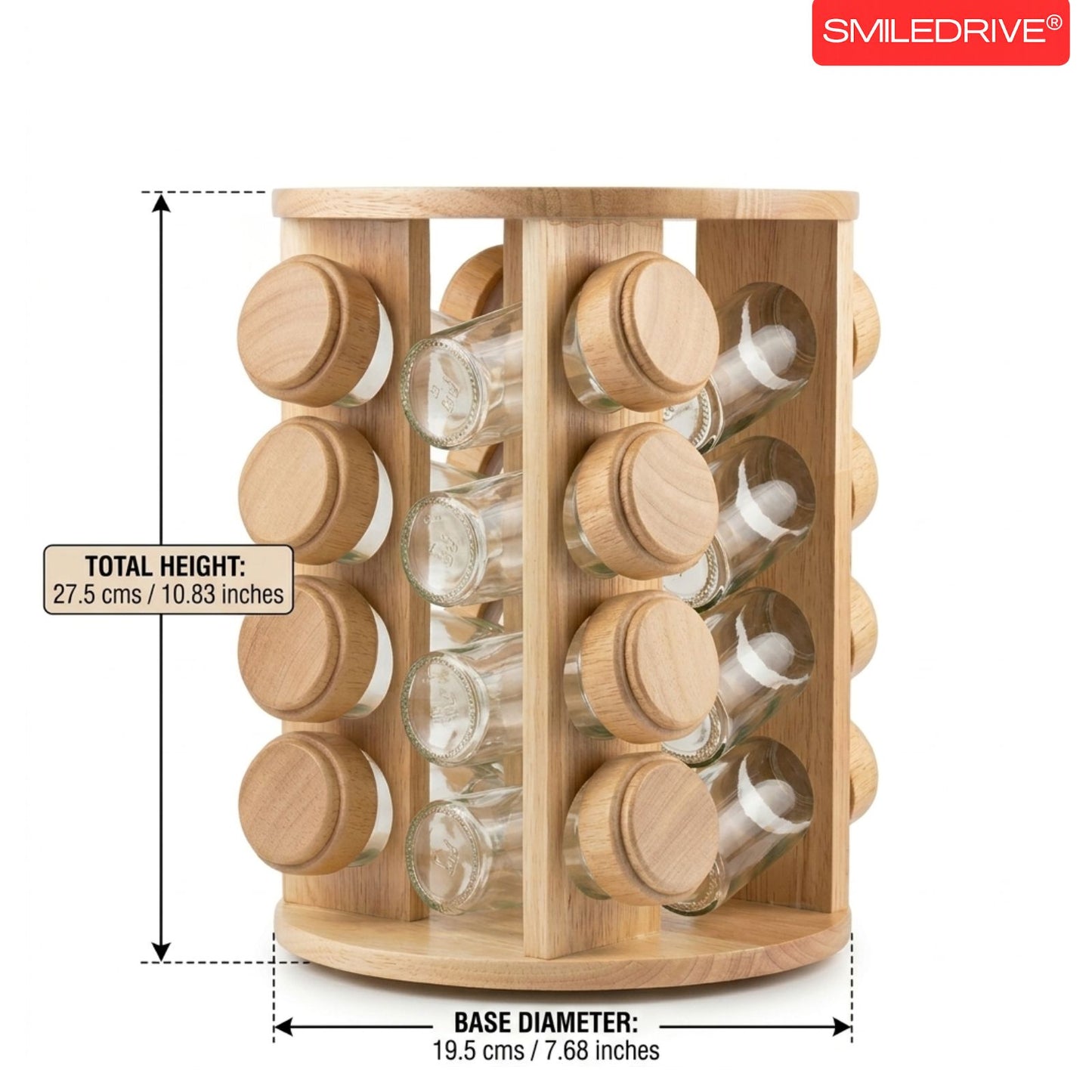 Rotating Spice Rack Wooden Spice Organizer | 5, 12 or 16 Glass Jar with Revolving Stand