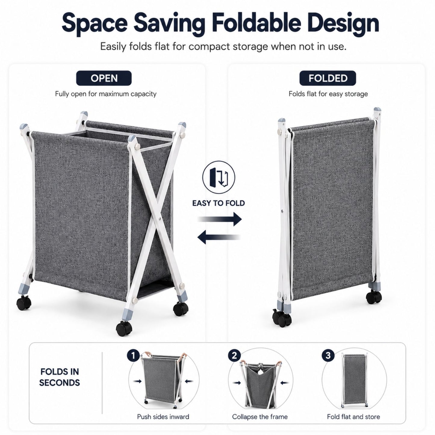 Foldable Laundry Basket with Wheels | Large Capacity (100L) Rolling Clothes Bin with Sturdy Metal Frame | Lightweight & Portable Clothes Storage for Laundry Room & Bedroom - Grey