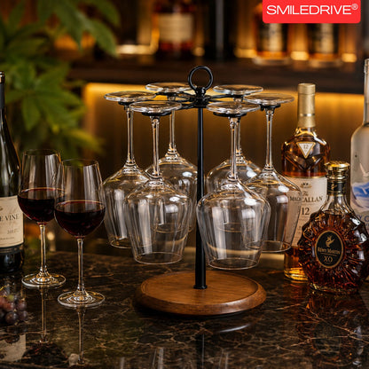 Wine Glass Holder Stand for 6 Glasses | 360° Rotating Wooden Base Stemware Organizer for Home Bar, Kitchen & Dining Table