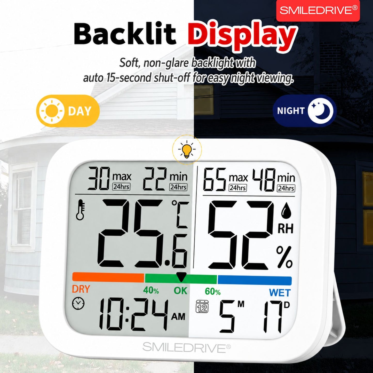 Digital Hygrometer Sensor with Thermometer for Home, Indoor, Outdoor | Temperature & Humidity Meter,Clock & Calendar, 24H Max/Min Records | Backlight Display, Magnetic Mount & Table Stand