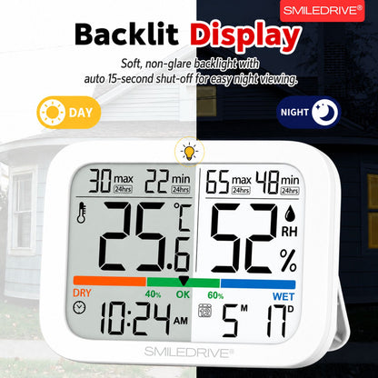 Digital Hygrometer Sensor with Thermometer for Home, Indoor, Outdoor | Temperature & Humidity Meter,Clock & Calendar, 24H Max/Min Records | Backlight Display, Magnetic Mount & Table Stand