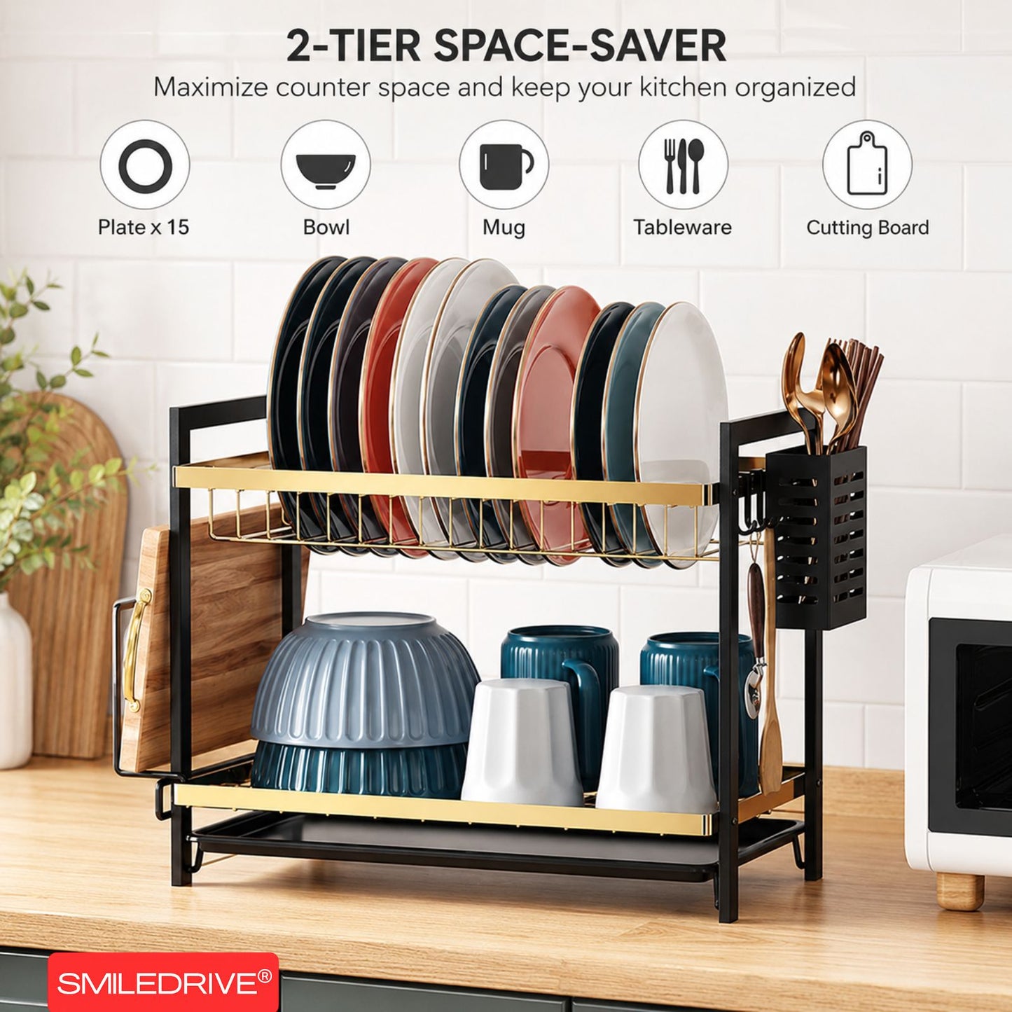 Utensil Drying Rack | Kitchen Dish Organizer Tray with Cutlery Holder & Built-in Drainer