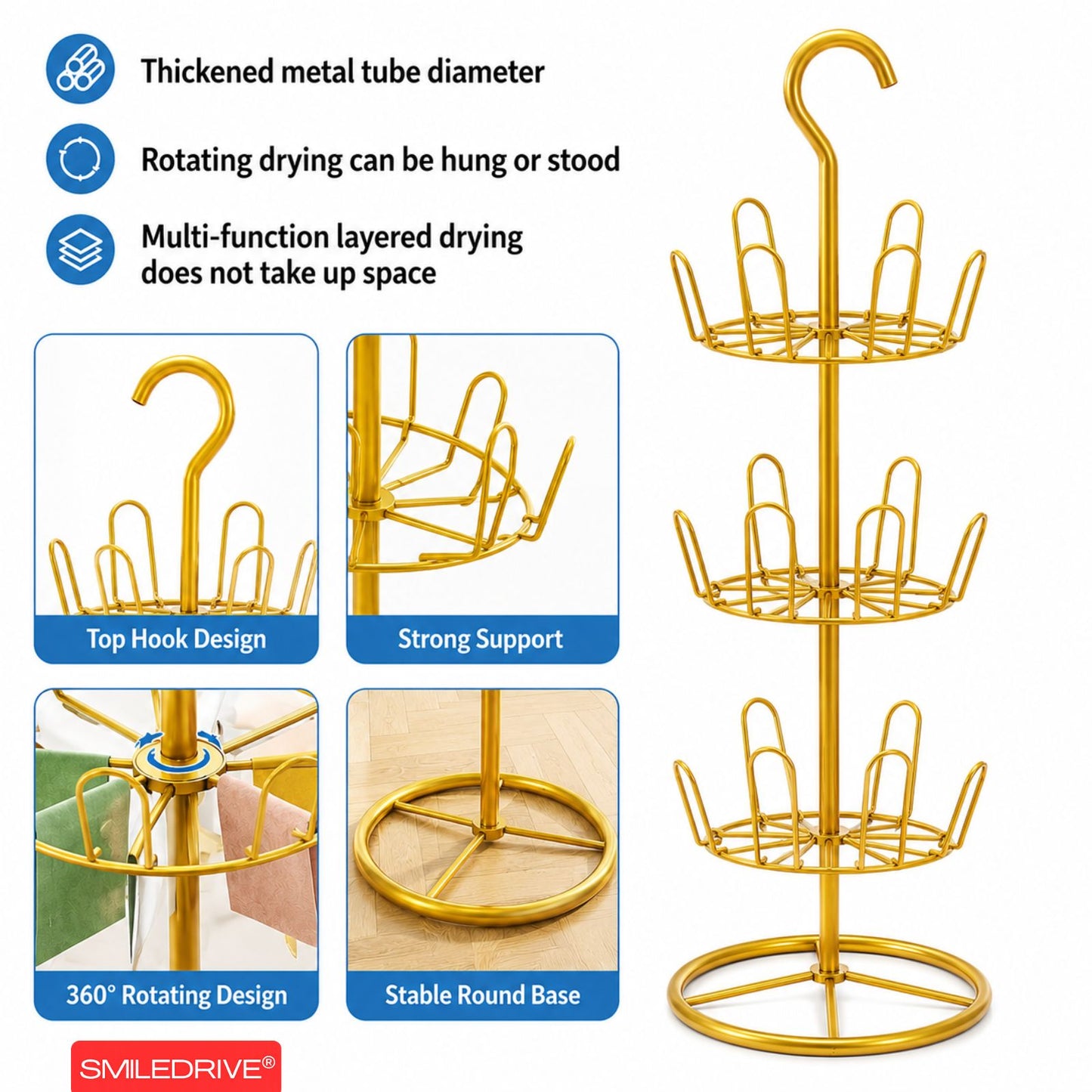 Shoe Drying Rack for Balcony & Bathroom | 3-Tier Rotating Shoe Stand Organizer with Hanging Hook