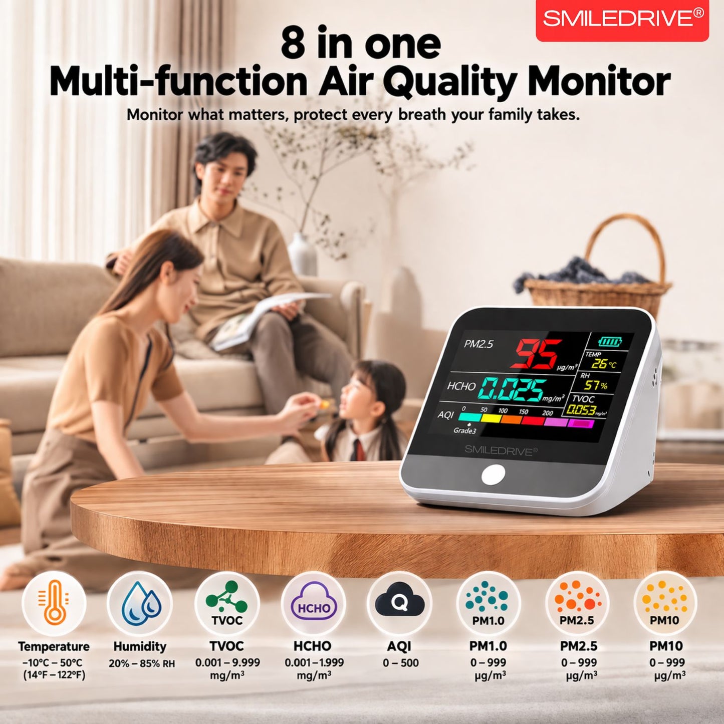 8-in-1 Indoor Air Quality Monitor with Color LCD Display – PM1.0, PM2.5, PM10, HCHO, TVOC, AQI, Temperature & Humidity Detector | Portable Rechargeable Air Pollution Meter for Home, Office & Car