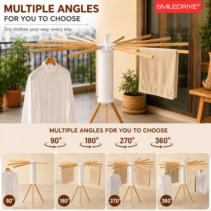 12-Arm Octopus Cloth Drying Stand – Premium Foldable & Rotatable Wooden Laundry Rack | Heavy Duty Tripod Base & Space-Saving Design for Indoor, Balcony & Outdoor Use