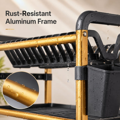 Dish Drying Rack with Drain Tray | 2-Tier Utensil Organizer with Cup and Cutlery Holder | Rust-Resistant Aluminium Kitchen Dish Rack | Available in Gold & Silver