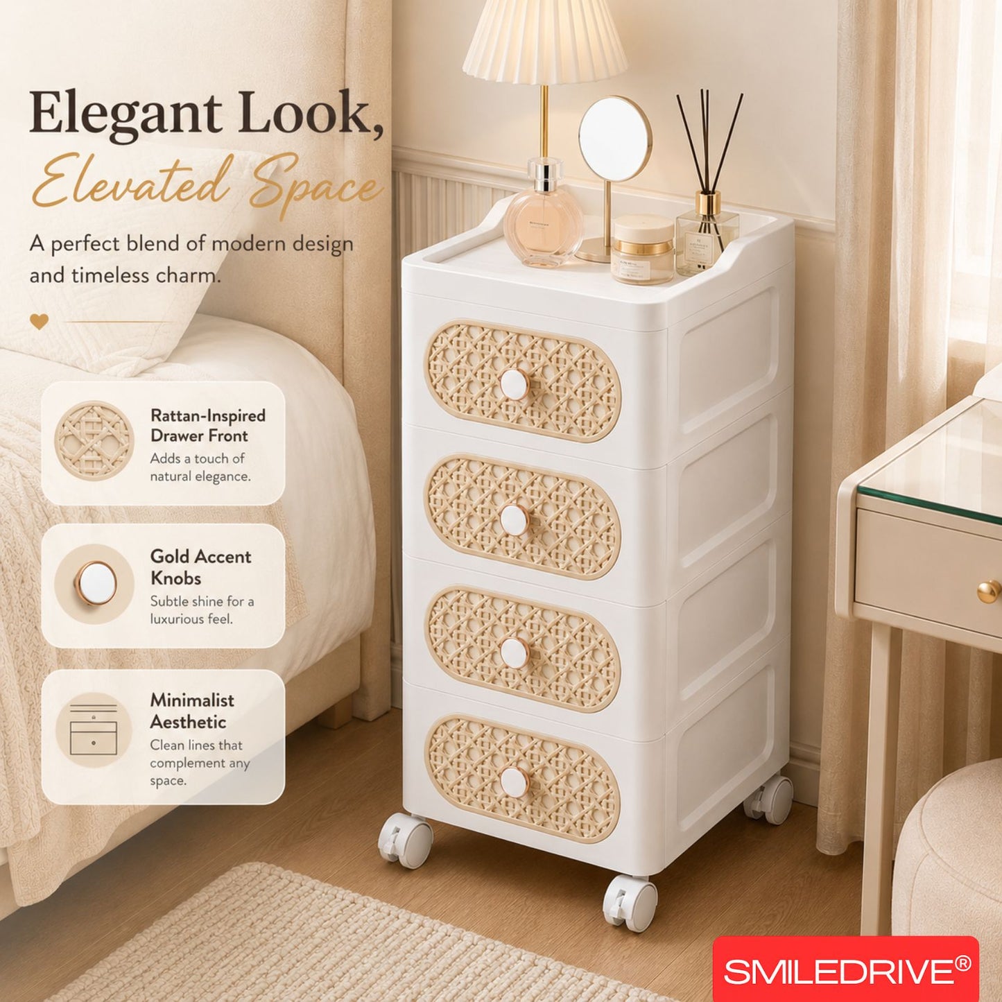 Plastic Storage Drawers | 4 Drawer Organzier Storage Cabinet with Wheels for Bedroom Bathroom Office | Available in White & Cream