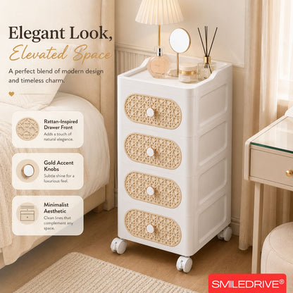 Plastic Storage Drawers | 4 Drawer Organzier Storage Cabinet with Wheels for Bedroom Bathroom Office | Available in White & Cream