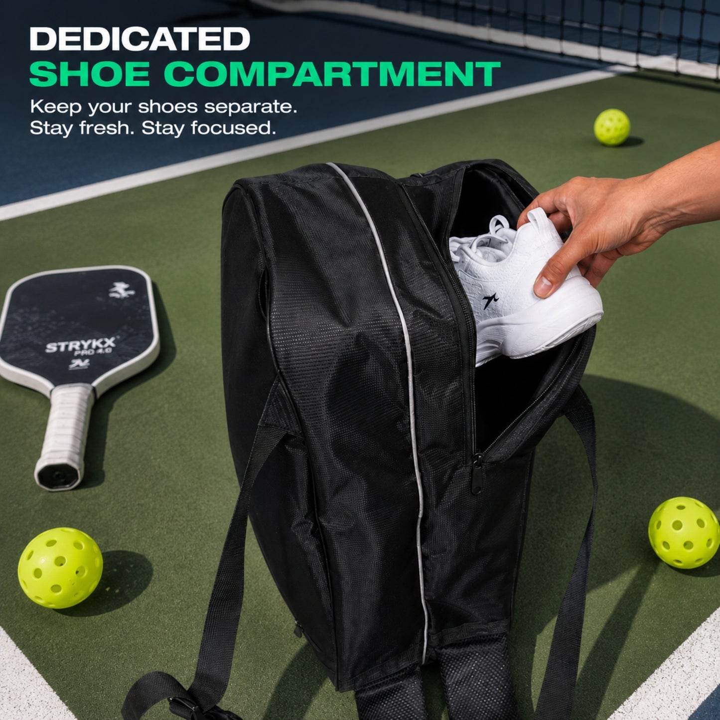 STRYKX Pickleball Kit Bag | 2 Spacious Compartments and one Dedicated Shoe Compartment & Easy-Access Front Pocket | Ergonomic Shoulder Straps & Padded Handle | Sports, Gym & Daily Use