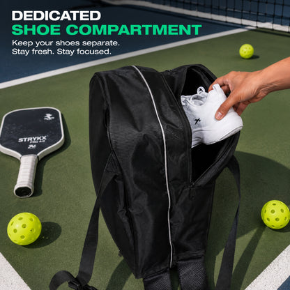 STRYKX Pickleball Kit Bag | 2 Spacious Compartments and one Dedicated Shoe Compartment & Easy-Access Front Pocket | Ergonomic Shoulder Straps & Padded Handle | Sports, Gym & Daily Use
