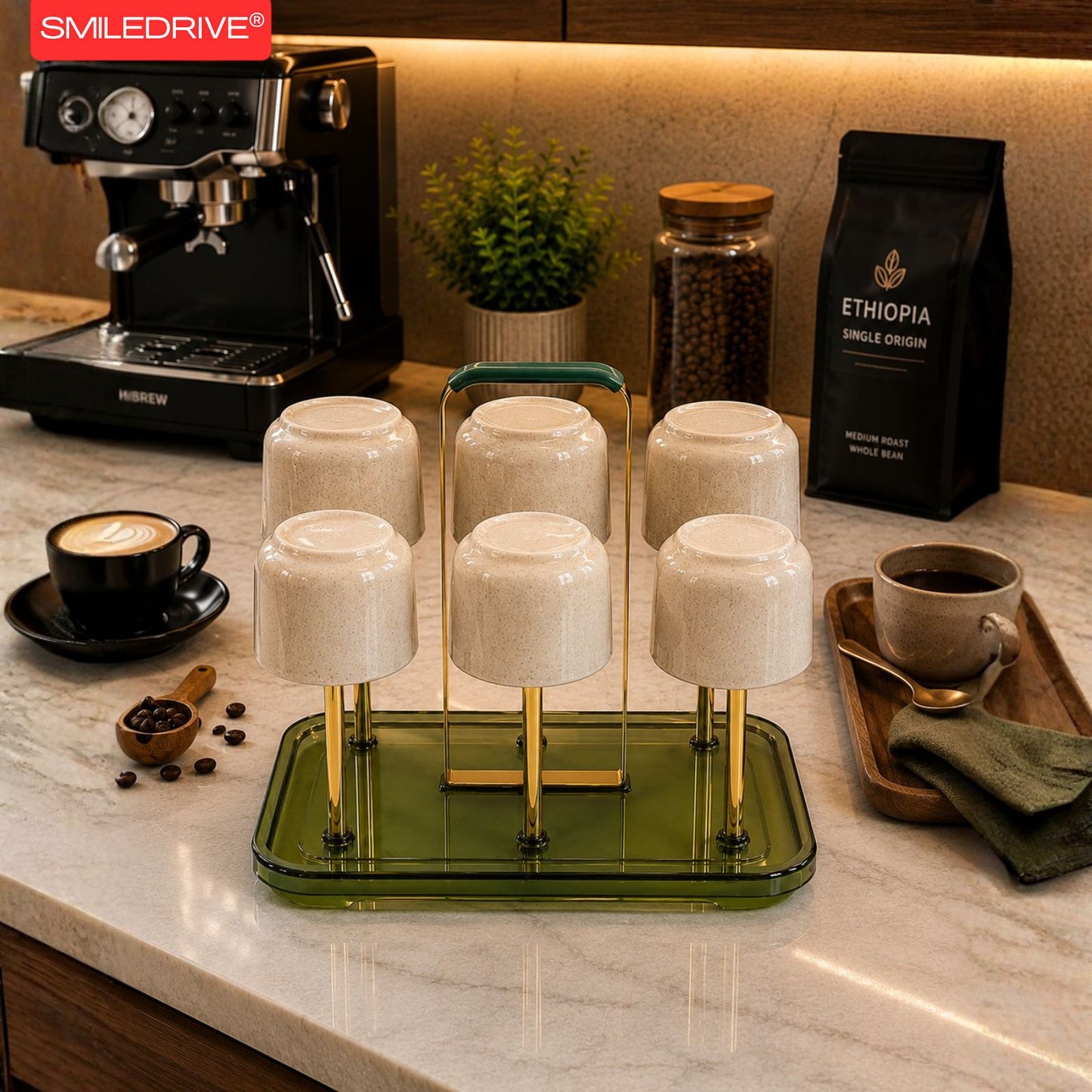 Premium Glass Cup Holder for Kitchen Counter - Modern 6-Hook Mug Tree & Tea Cup Drying Rack - Elegant Gold Metal & Acrylic Coffee Station Organizer for Home, Cafe & Dining Table