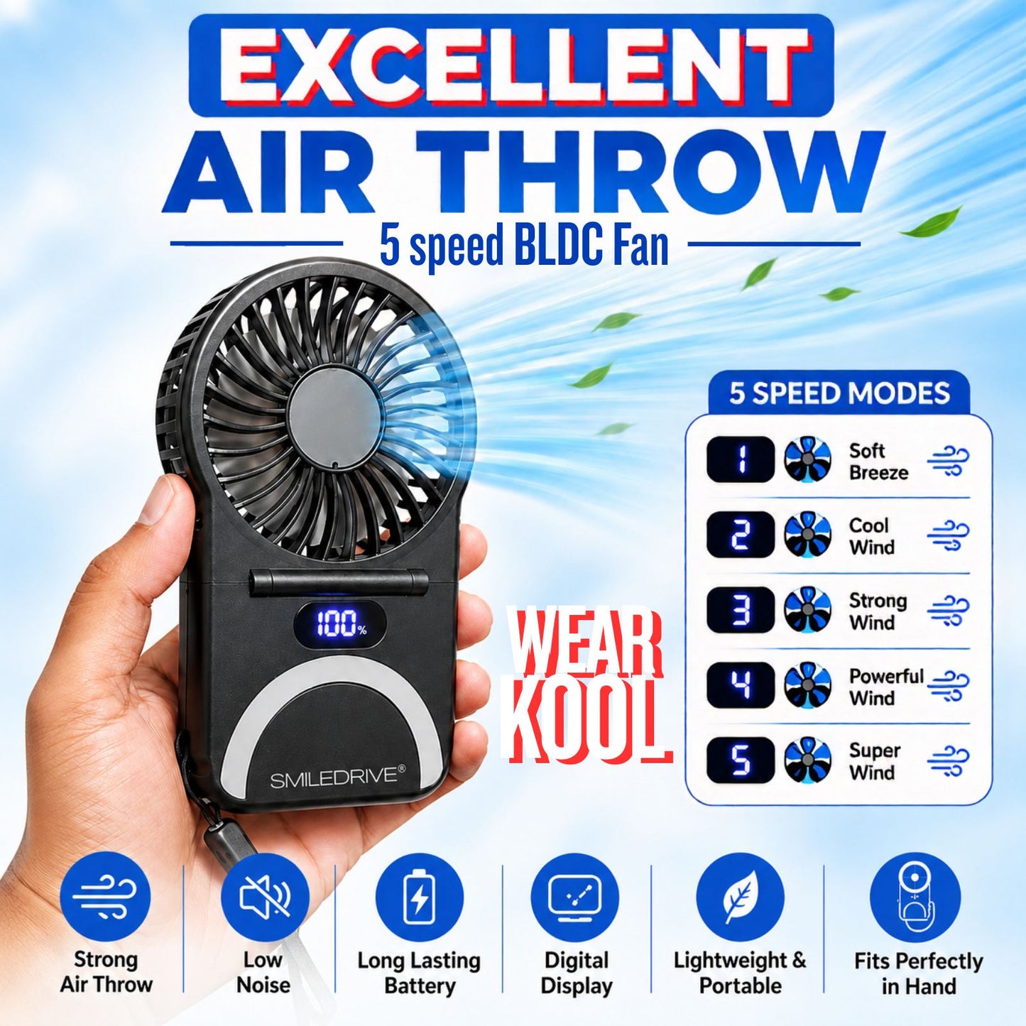 WEARKOOL Fan with Cap & Lanyard | Baseball Cap with Fan | 5 Speed 200mAH Rechargeable BLDC Fan with Powerful Airthrow & Digital Battery Display