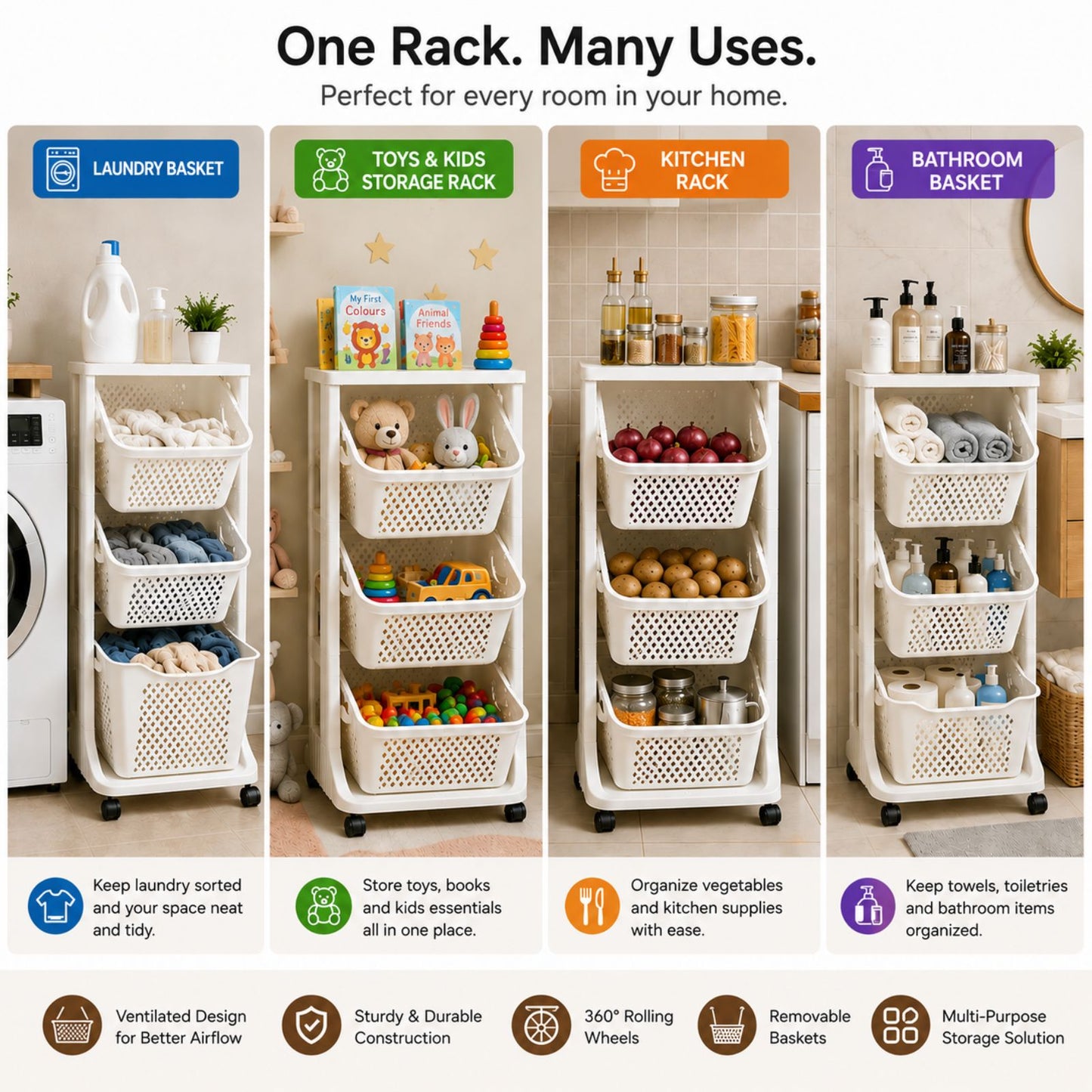 3 Tier Kitchen Rack Laundry Basket with Wheels | Plastic Laundry Organizer | Space Saving Multi Purpose Storage Racks for Kitchen, Laundry Room, Bathroom, Bedroom