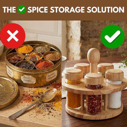 Rotating Spice Rack Wooden Spice Organizer | 5, 12 or 16 Glass Jar with Revolving Stand