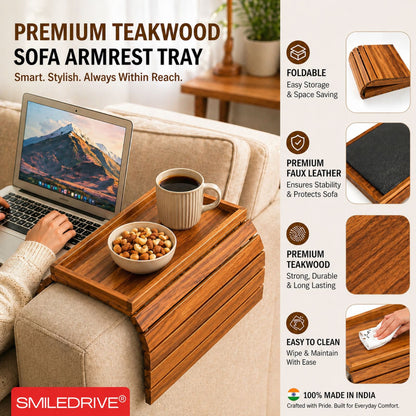 Teakwood Sofa Armrest Tray with Snack Holder Section – Foldable Couch Arm Table with Premium Faux Leather Base (Made in India)