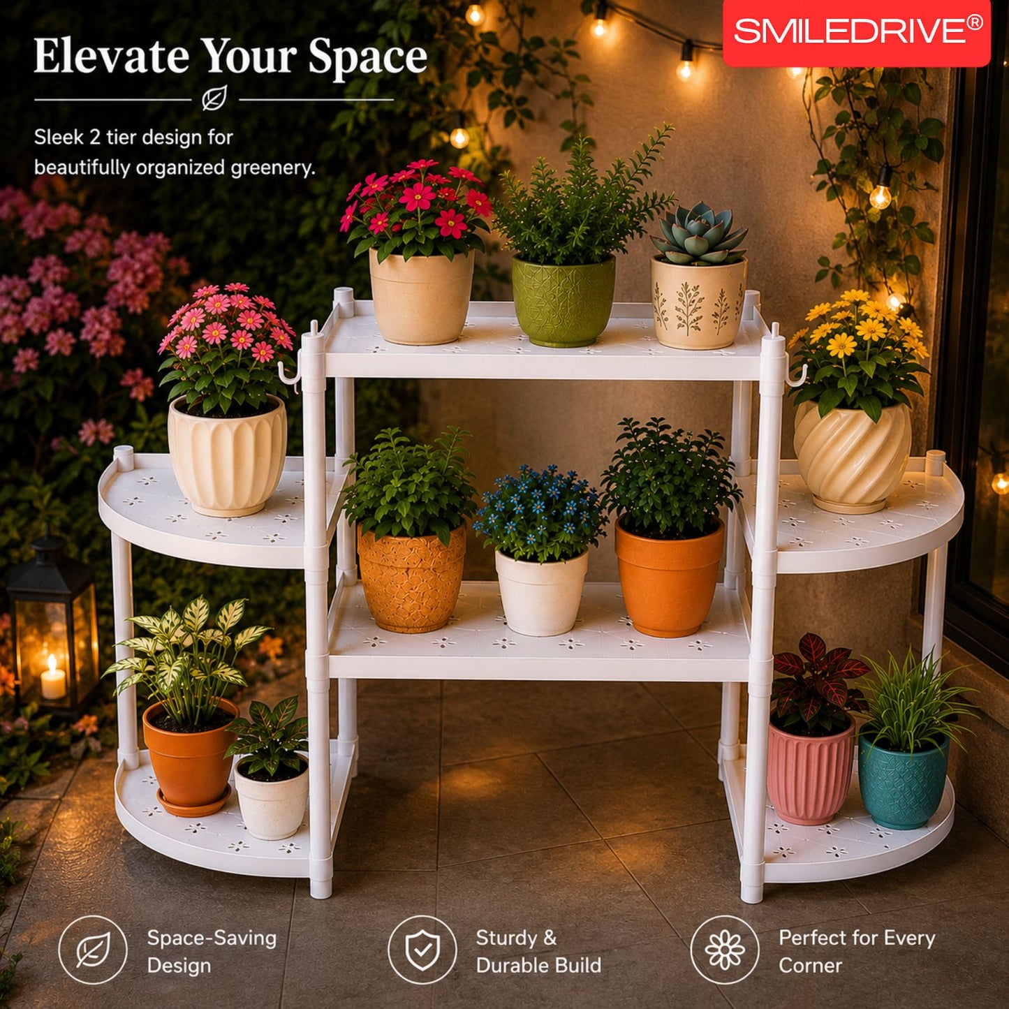 Flower Pot Stand for Indoor Living Room, Balcony & Home | 6 Rack Flower Pot Stand with Hooks | Lightweight Balcony & Home Garden Plant Organizer