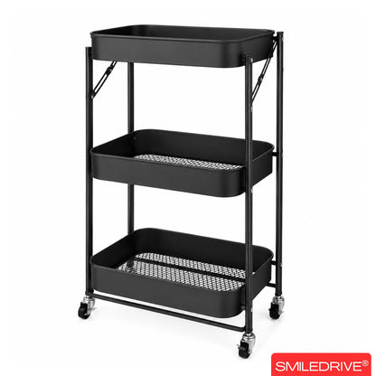 Kitchen Storage Trolley | 3 Tier Fruit and  Vegetable Basket with Wheels | Rolling Cart Trolley for Kitchen, Pantry, Bathroom & Laundry Room | Black