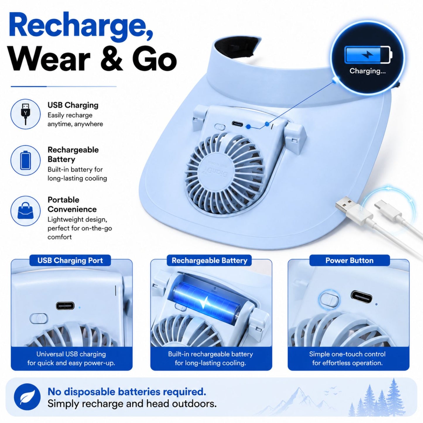 Cooling Fan Cap with Rechargeable Fan, 2-Speed Adjustable Fan, Hands-Free Cooling Hat, Lightweight Cap for Daily Use- Walking, Gardening, Hiking, Camping & Indoor/ Outdoor Work | Available in Blue, Pink & White