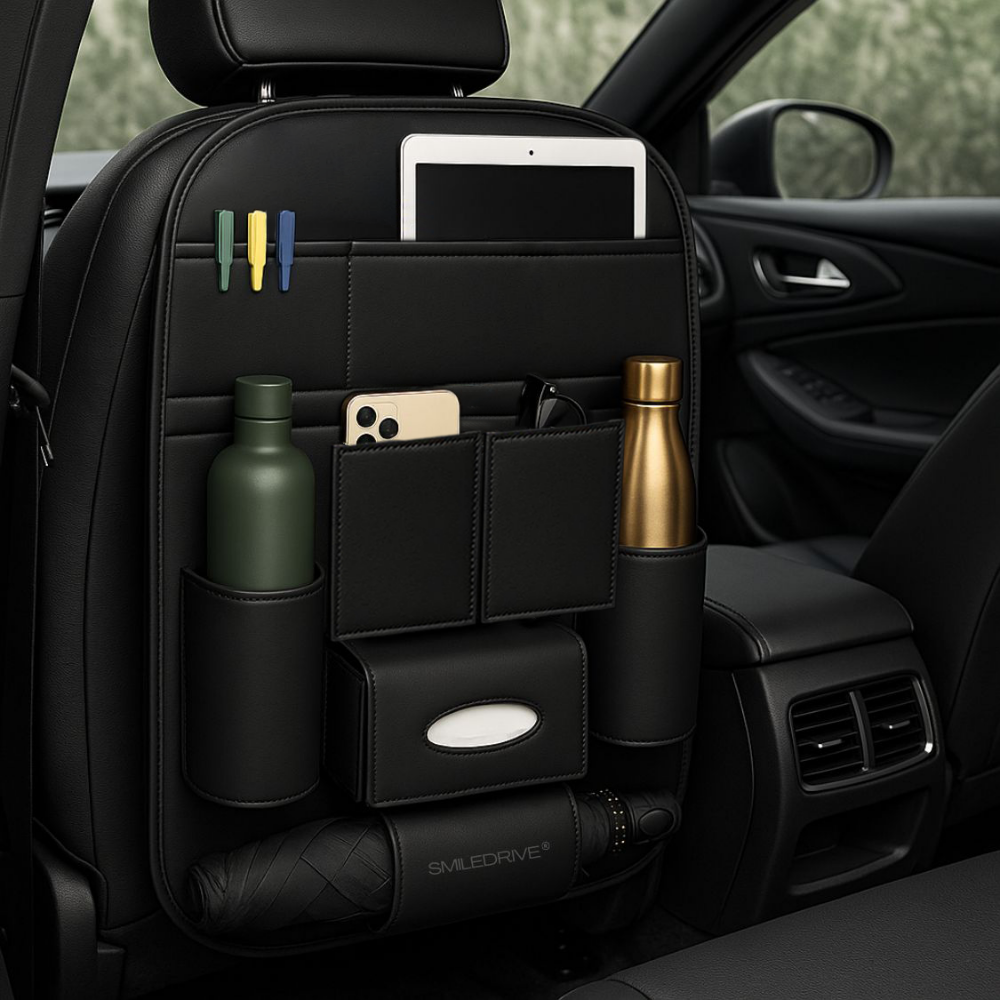 Car Back Seat Organizer–Premium Universal Car Rear Seat Storage | Multi-Pocket Storage, Bottle & Tissue Holders, Easy Install
