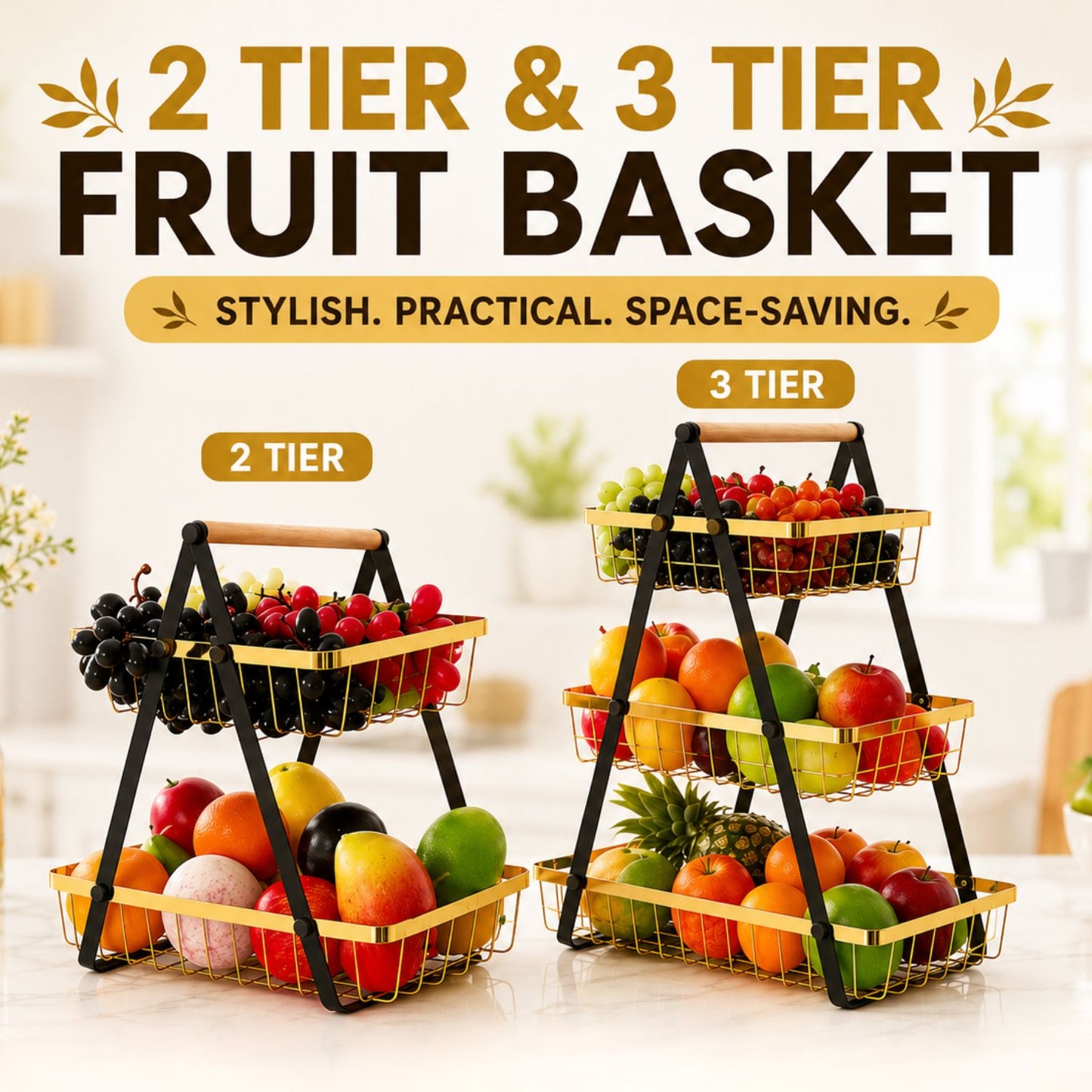 Golden Tiered Fruit Basket | 2 & 3 Tier Metal Mesh Countertop Organizer & Storage Stand