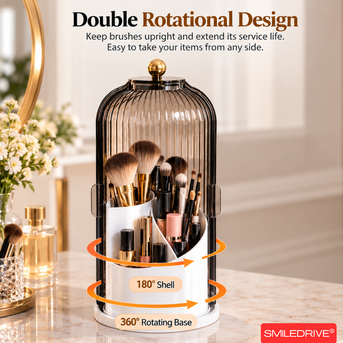 Makeup Organizer with Transparent Dust-Proof Cover | 360° Rotatable Base & 180° Rotatable Shell | 3 Compartment Cosmetic Organizer for Makeup Brushes, Lipsticks, Skincare & Beauty Essentials