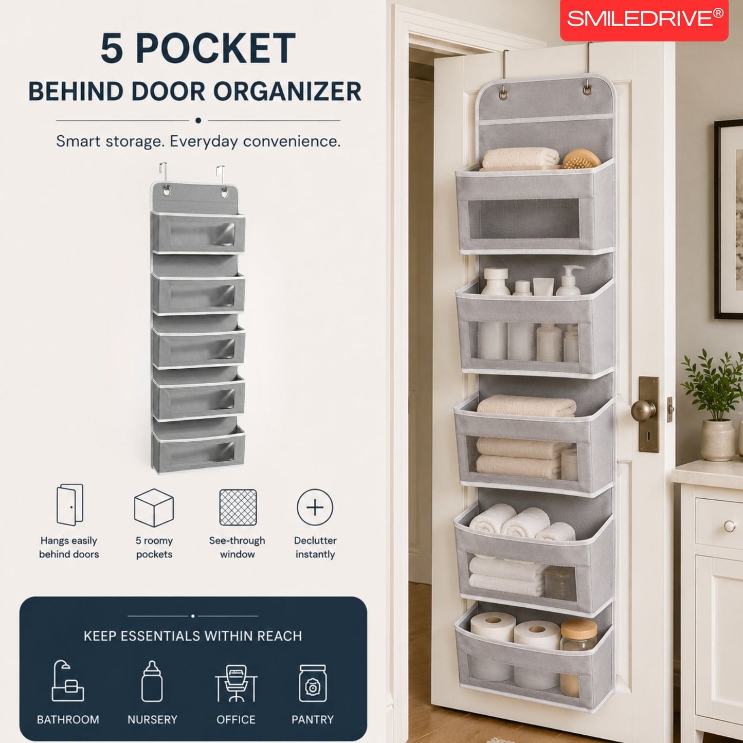 Over the Door Organizer – Hanging Storage Organizer with Clear Window Pockets for Closet, Bedroom, Bathroom | Available in 4/5 Pockets