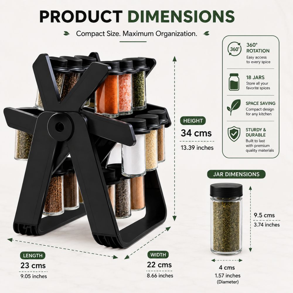 18 Jar Rotating Spice Rack Organizer | 360° Revolving Masala Stand with Glass Spice Jars for Kitchen Counter & Cabinet