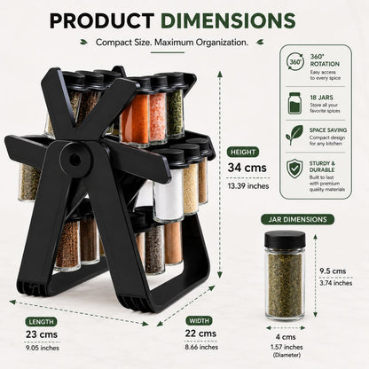 18 Jar Rotating Spice Rack Organizer | 360° Revolving Masala Stand with Glass Spice Jars for Kitchen Counter & Cabinet