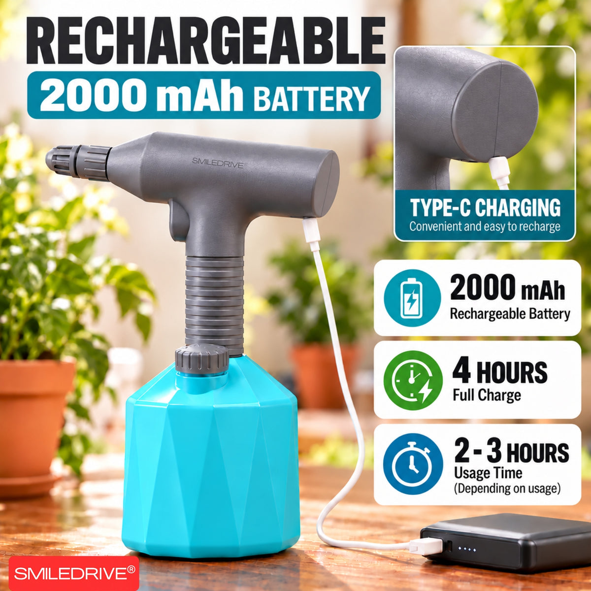 1L Garden Sprayer with Adjustable Mist & Stream | 2000 mAh Rechargeable Battery | USB Charging | Handheld Automatic Sprayer for Plants, Gardening & Household Use