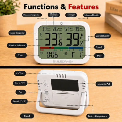 Digital Hygrometer Sensor with Thermometer for Home, Indoor, Outdoor | Temperature & Humidity Meter,Clock & Calendar, 24H Max/Min Records | Backlight Display, Magnetic Mount & Table Stand