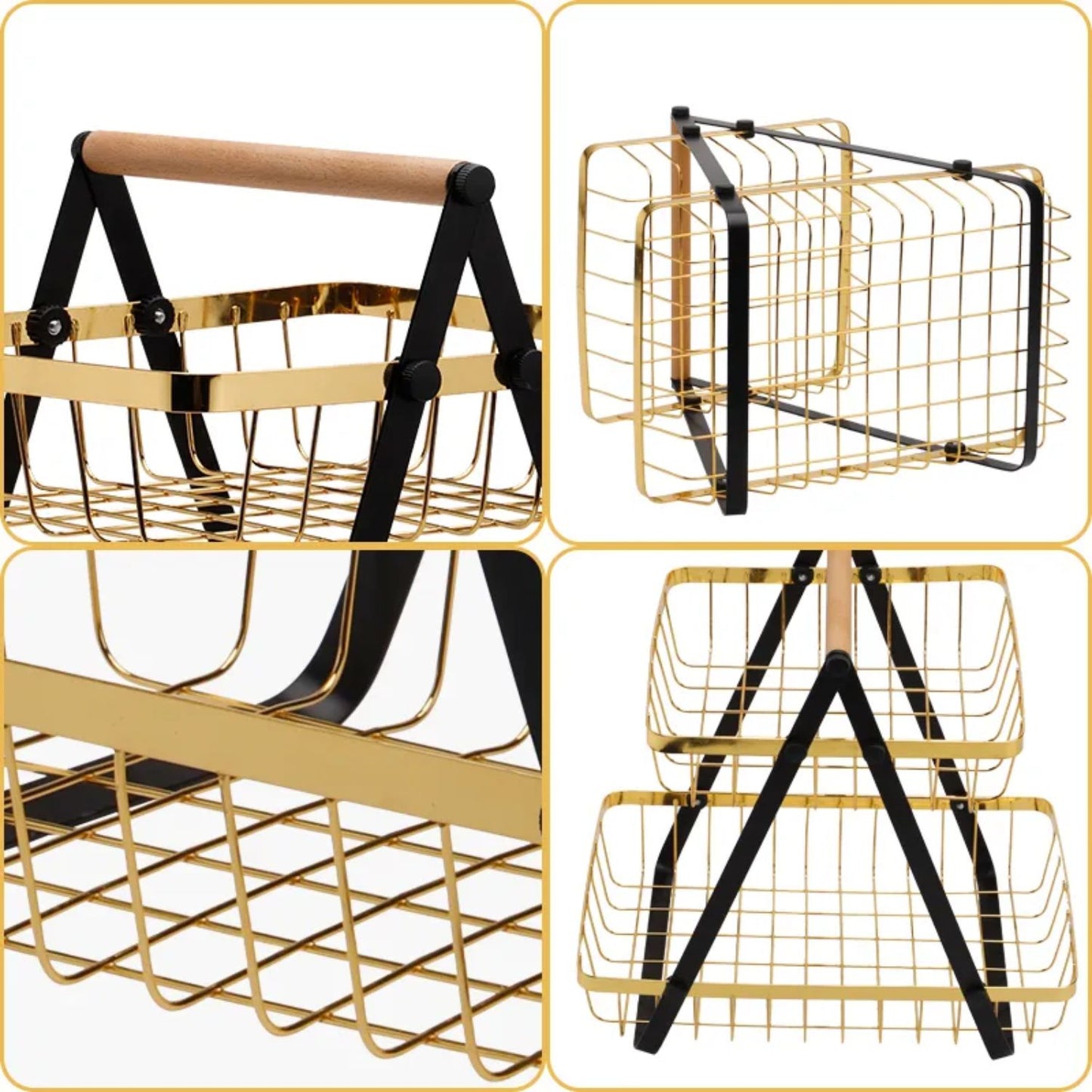 Golden Tiered Fruit Basket | 2 & 3 Tier Metal Mesh Countertop Organizer & Storage Stand