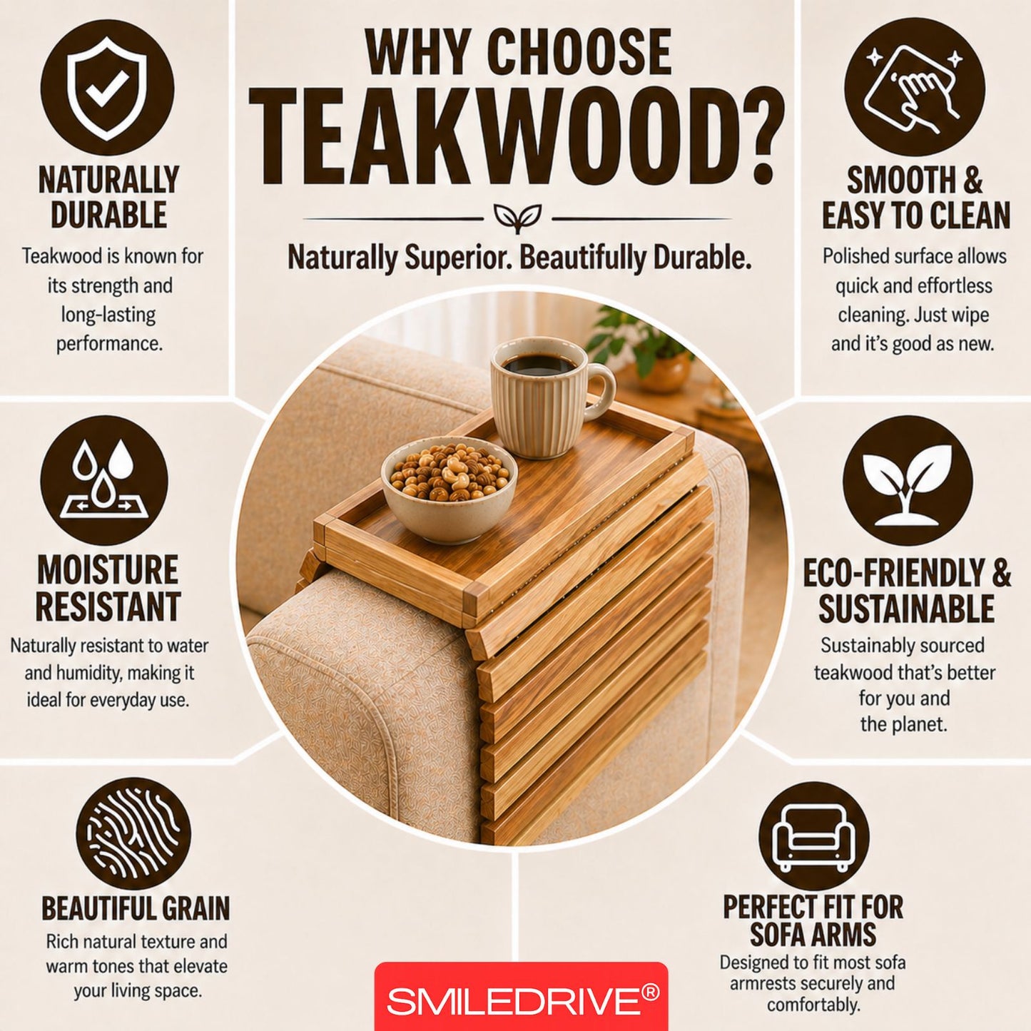 Teakwood Sofa Armrest Tray with Snack Holder Section – Foldable Couch Arm Table with Premium Faux Leather Base (Made in India)