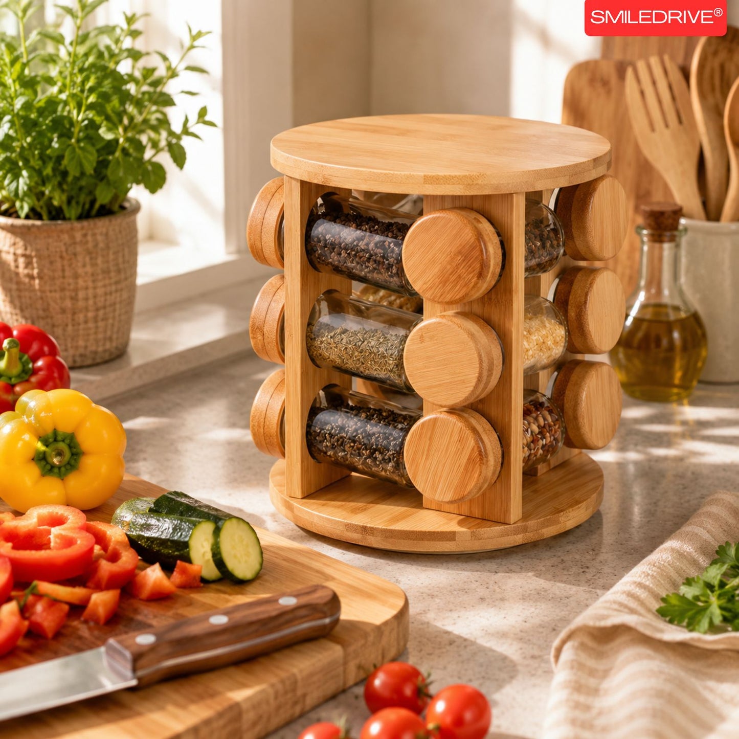 Rotating Spice Rack Wooden Spice Organizer | 5, 12 or 16 Glass Jar with Revolving Stand