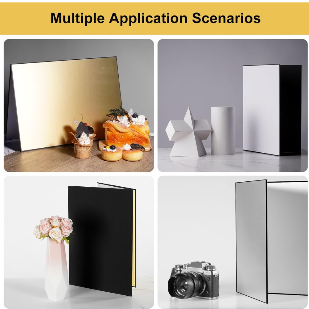 4-in-1 Photography Reflector Board – Foldable Light Diffuser for Product Photography, Camera Reflector Panel for Still Life & Tabletop Shoots – 42 x 30 cm Black, White, Golden & Silver Reflectors.