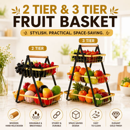 Golden Tiered Fruit Basket | 2 & 3 Tier Metal Mesh Countertop Organizer & Storage Stand