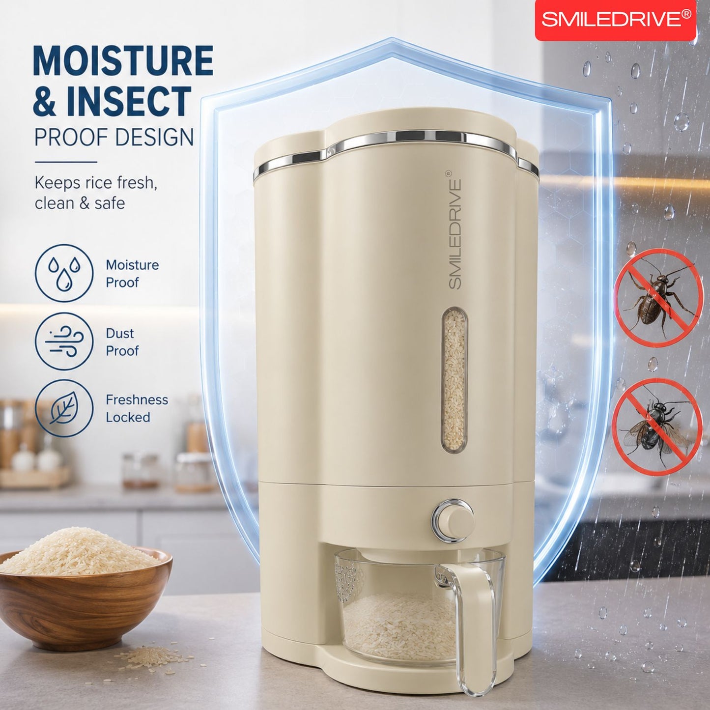 Rice Dispenser Grain Storage and Dispensing Unit with Measuring Cup | 10KG Airtight Grain Storage Organizer for Kitchen
