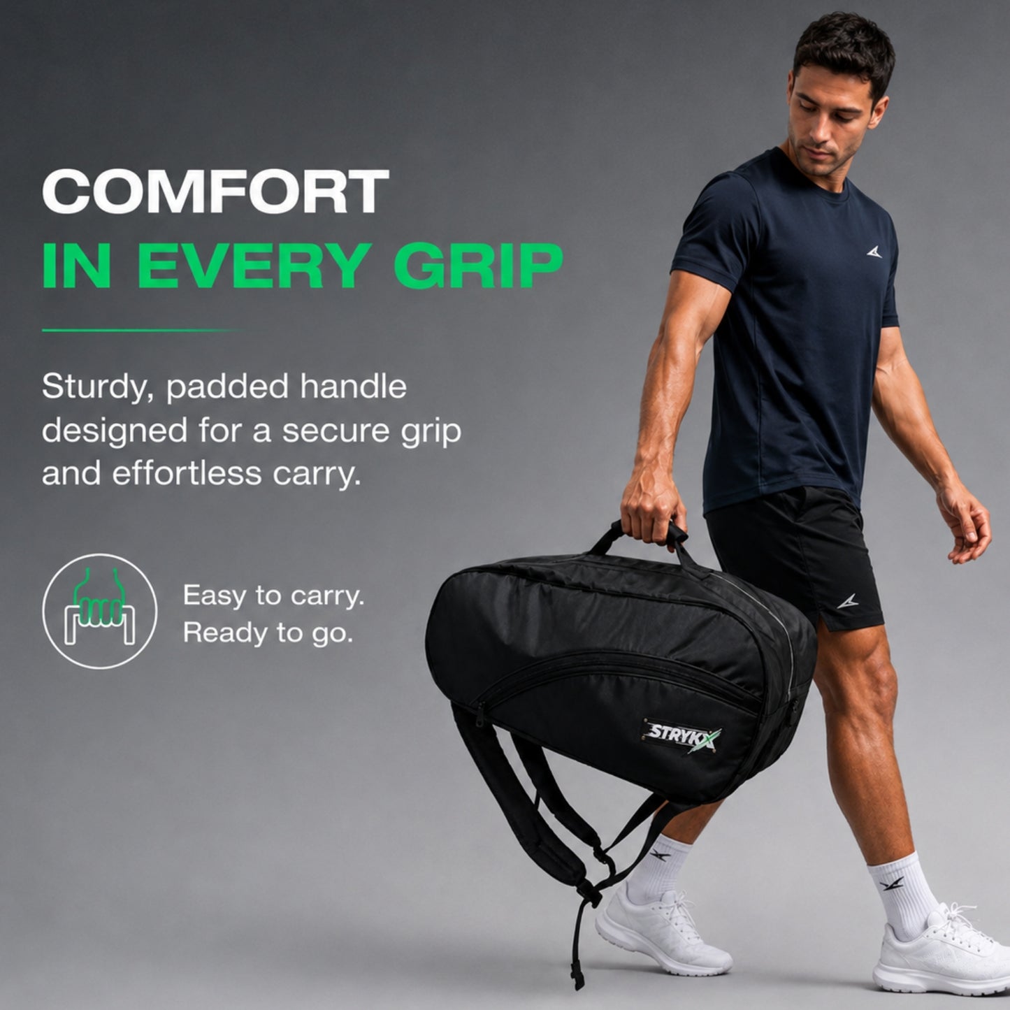 STRYKX Pickleball Kit Bag | 2 Spacious Compartments and one Dedicated Shoe Compartment & Easy-Access Front Pocket | Ergonomic Shoulder Straps & Padded Handle | Sports, Gym & Daily Use