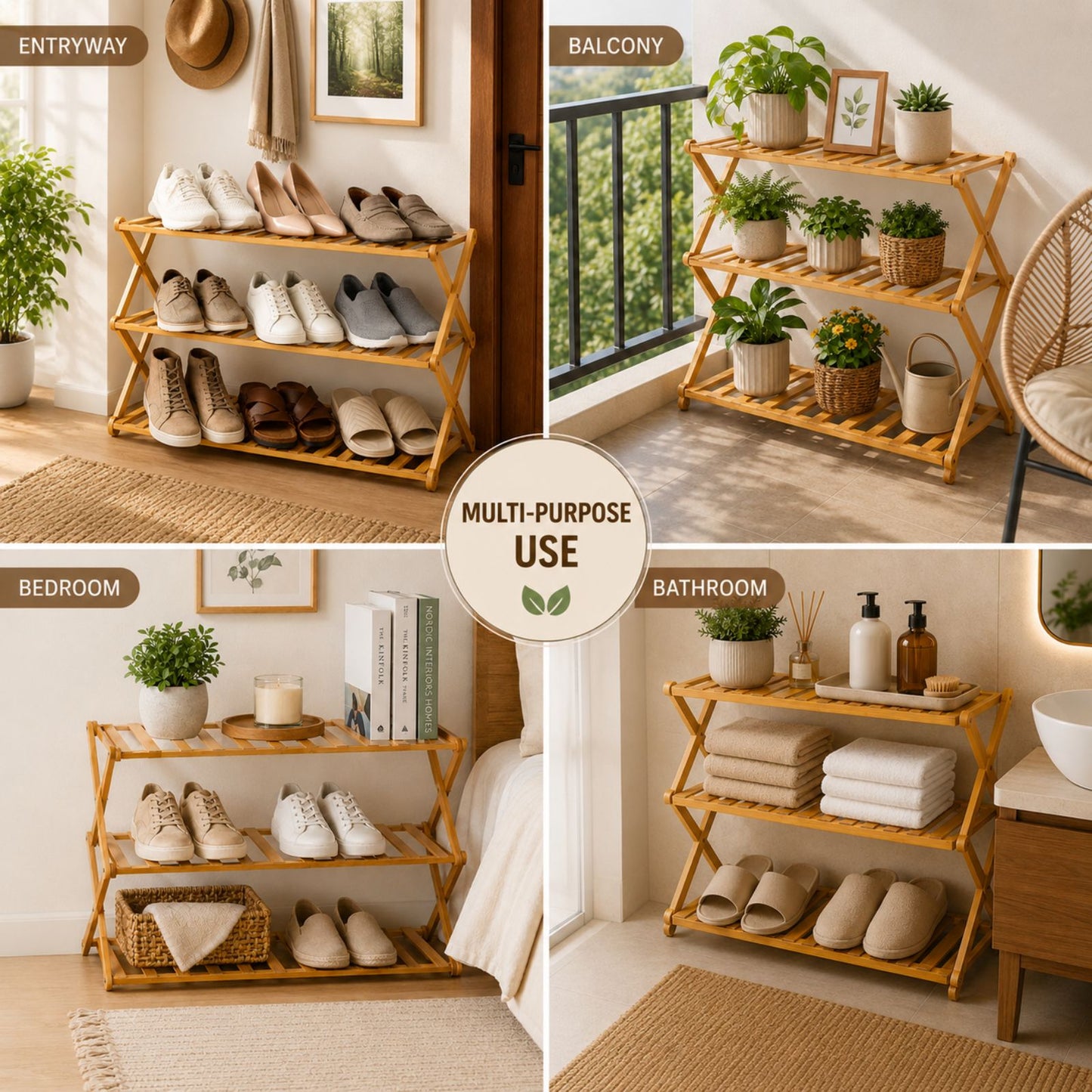 Foldable Bamboo Shoe Rack | 3 & 4-tier Balcony Plant Stand | Space Saving Storage Organizer for Entryway, Bedroom, Bathroom or Balcony