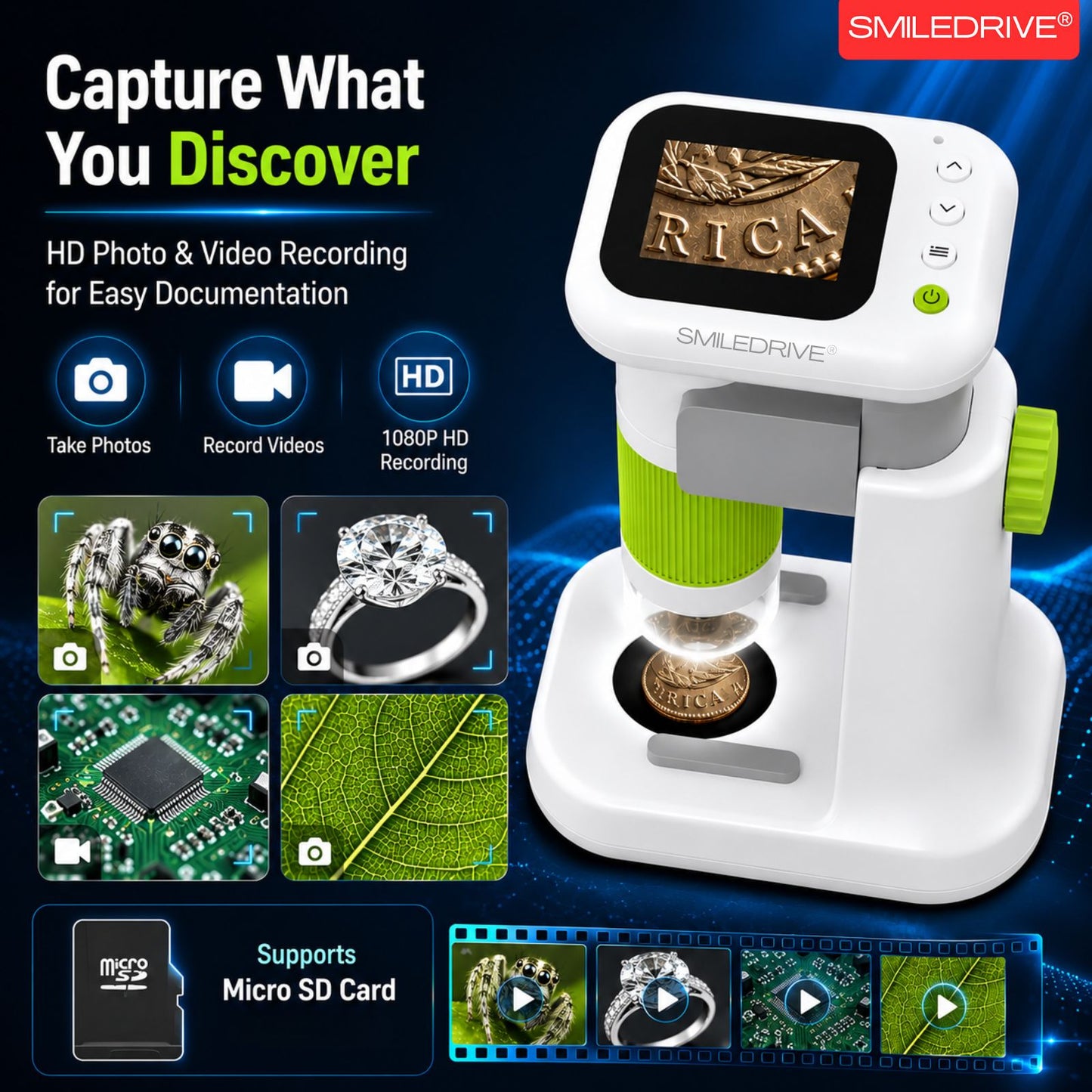 Mini Microscope with 1000x HD Magnification | 2.4” Screen LED Lights & Bottom Backlight | Photo & Video Capture | Rechargeable Handheld Microscope for Coins, Plants, PCB, Jewellery & STEM Learning