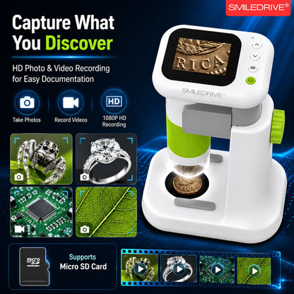 Mini Microscope with 1000x HD Magnification | 2.4” Screen LED Lights & Bottom Backlight | Photo & Video Capture | Rechargeable Handheld Microscope for Coins, Plants, PCB, Jewellery & STEM Learning