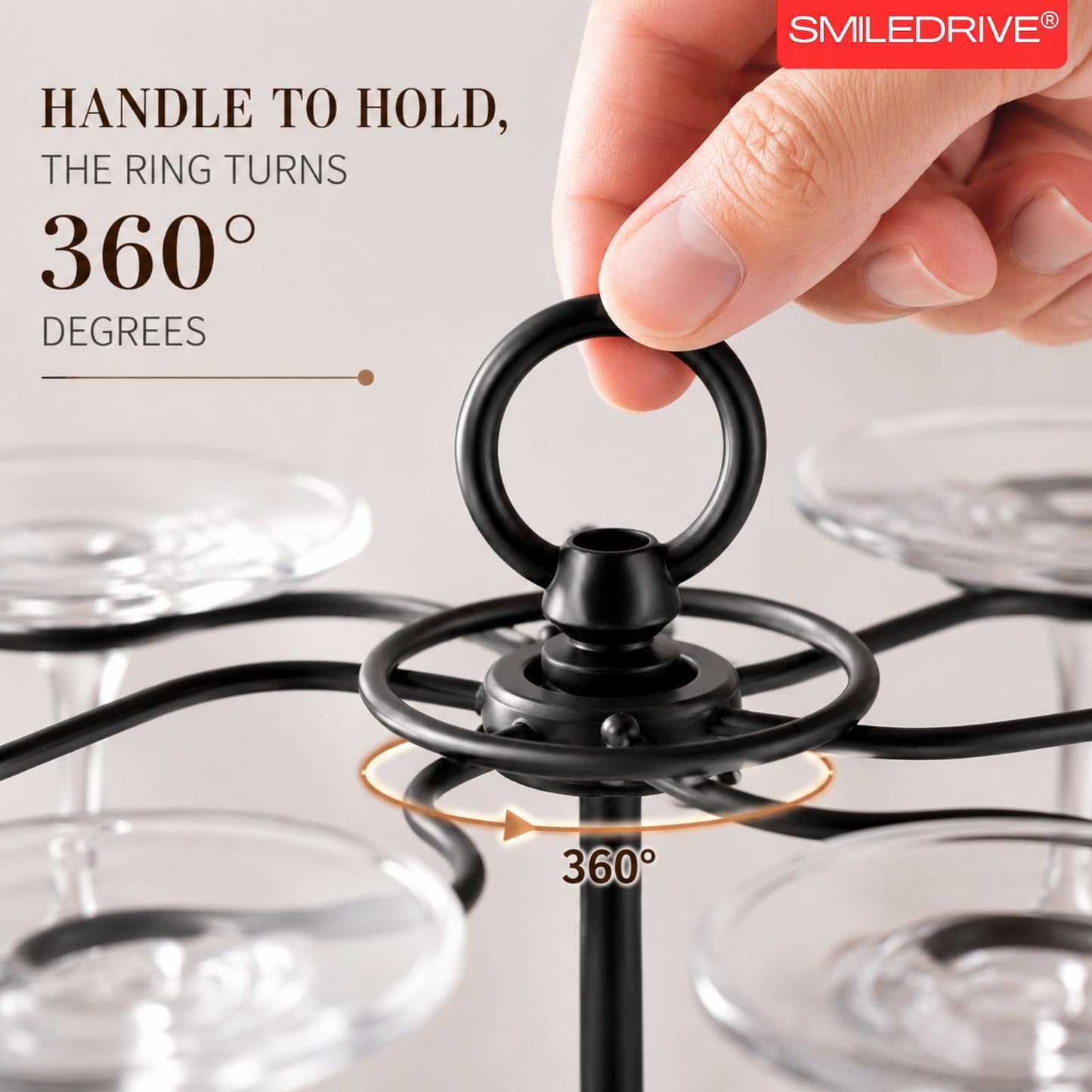 Wine Glass Holder Stand for 6 Glasses | 360° Rotating Wooden Base Stemware Organizer for Home Bar, Kitchen & Dining Table
