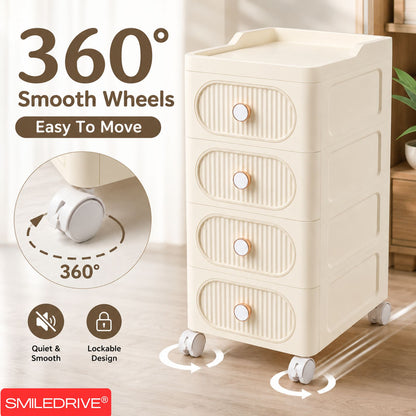 Plastic Storage Drawers | 4 Drawer Organzier Storage Cabinet with Wheels for Bedroom Bathroom Office | Available in White & Cream
