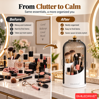 Makeup Organizer with Transparent Dust-Proof Cover | 360° Rotatable Base & 180° Rotatable Shell | 3 Compartment Cosmetic Organizer for Makeup Brushes, Lipsticks, Skincare & Beauty Essentials