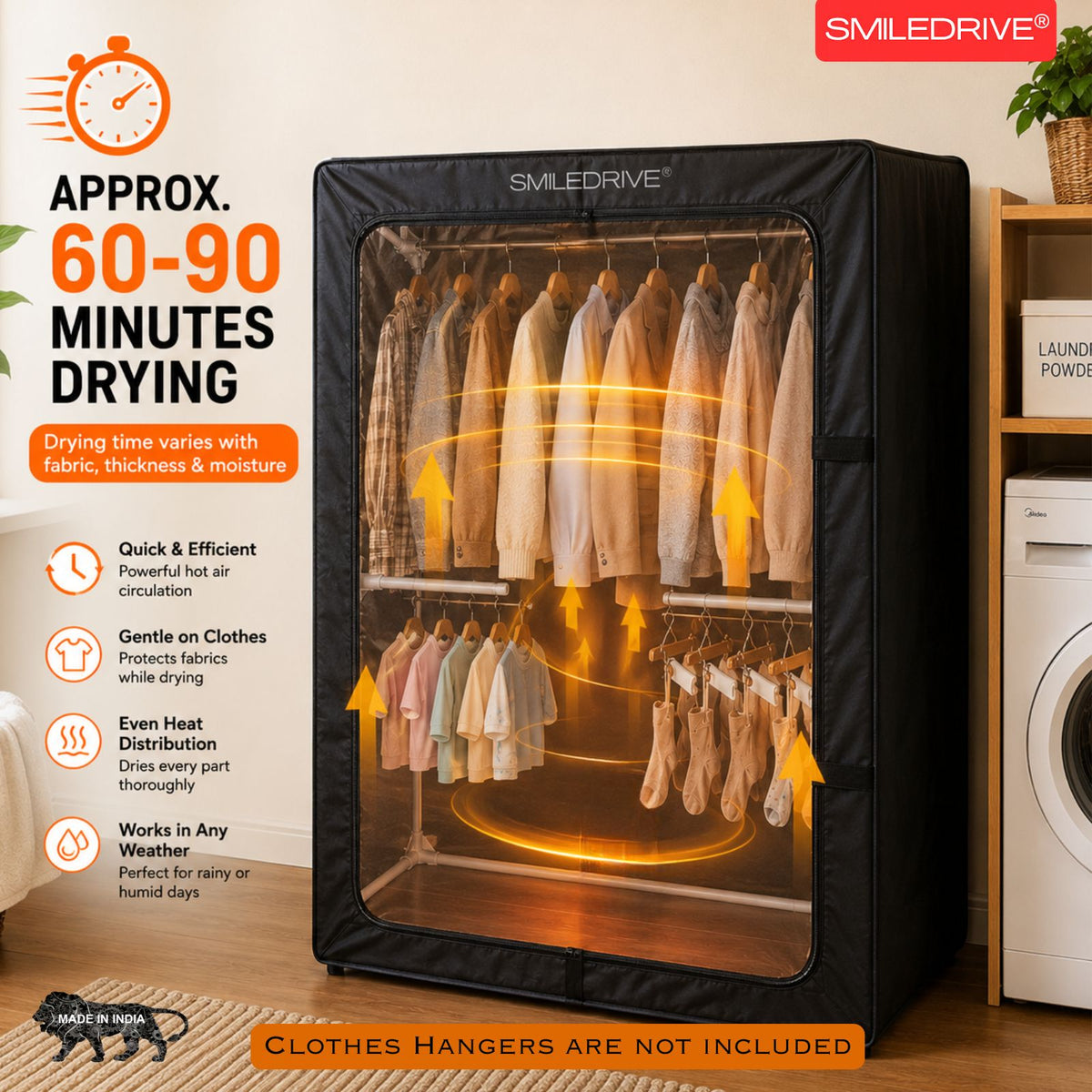 SMILEDRIVE® Portable Electric Clothes Dryer Machine | Foldable Enclosed Drying Rack with 4 Adjustable Arms | 8-Garment Hanging Rod | 76 × 76 × 99 cms | Made in India