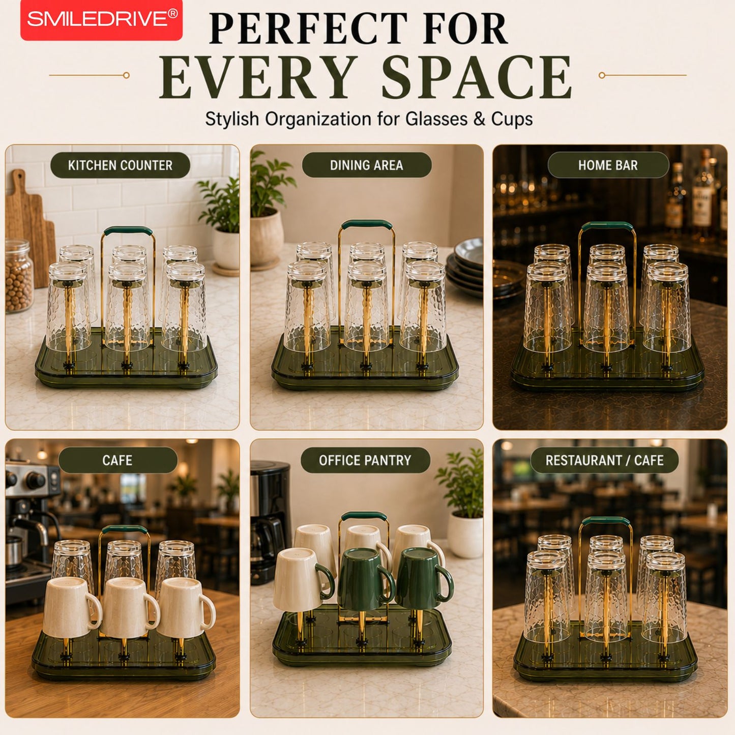 Premium Glass Cup Holder for Kitchen Counter - Modern 6-Hook Mug Tree & Tea Cup Drying Rack - Elegant Gold Metal & Acrylic Coffee Station Organizer for Home, Cafe & Dining Table
